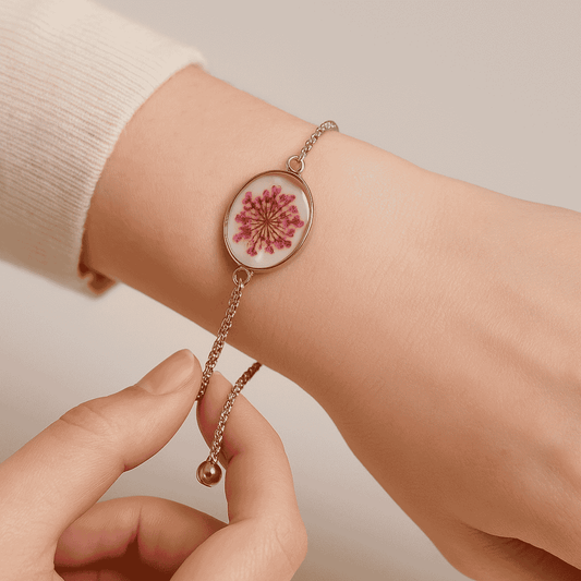 Real Pink Blossom Resin Bracelet – Oval Silver Charm
