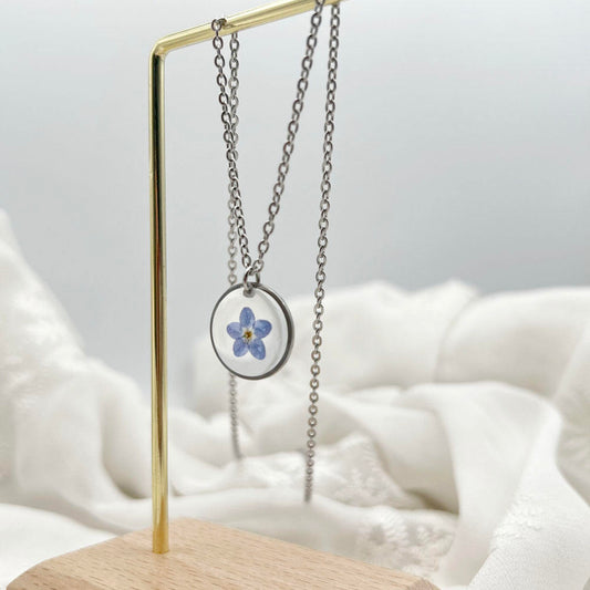 Silver Forget-Me-Not Resin Pendant Necklace (Round Floral Charm)