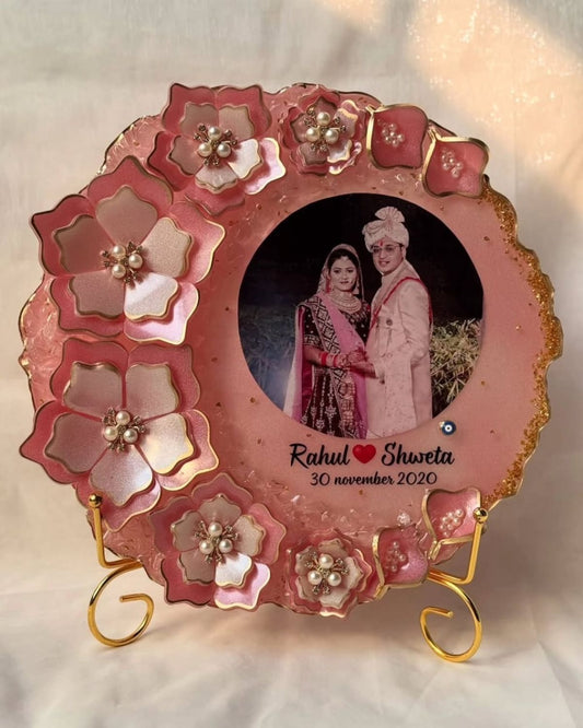 Customized Resin Couple Photo Frame with Pink Floral Design