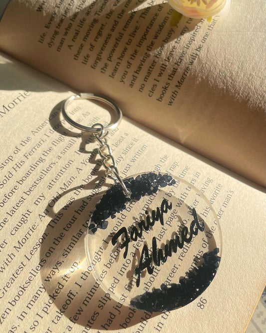 Customized Resin Name Keychain – Round Design with Black Accents