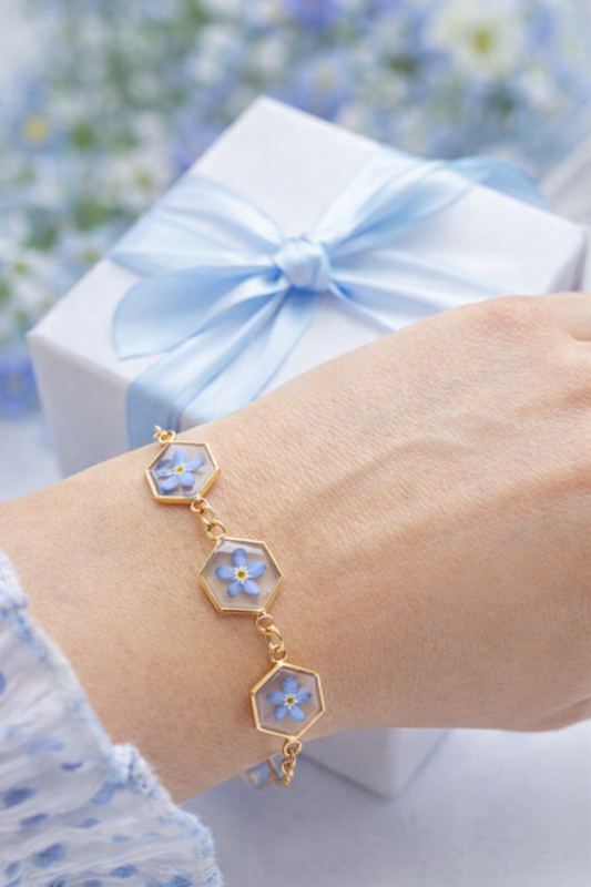Hexagon Resin Bracelet with Real Blue Flowers – Handmade Floral Jewelry
