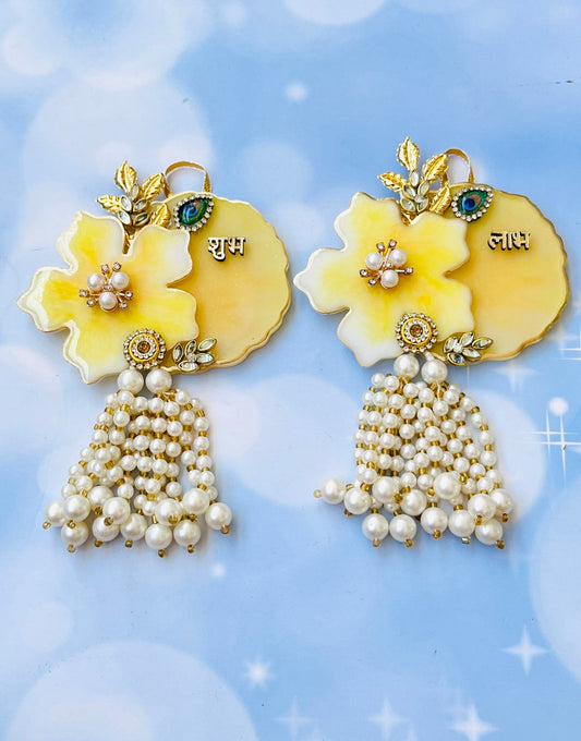 Resin Labh Shubh Wall Hanging | Yellow Floral Pearl Design