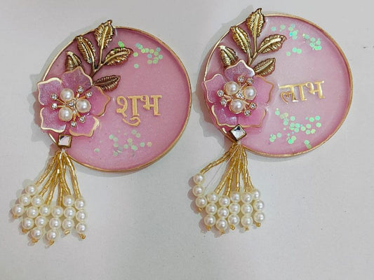 Pink Resin Labh Shubh Wall Hanging | Handmade Floral Design with Pearl Tassels