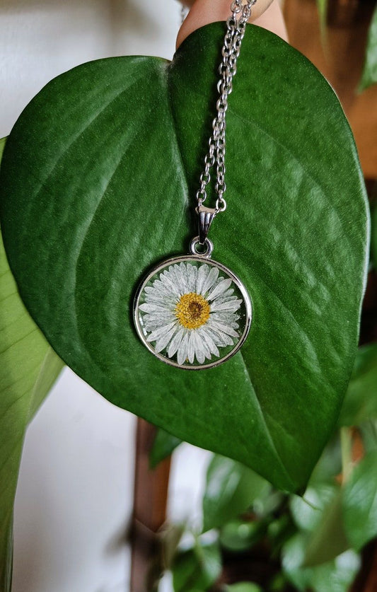 Round Resin Necklace with White Daisy Dried Flower Pendant