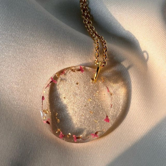 Clear Resin Necklace with Gold Flakes & Pink Petals