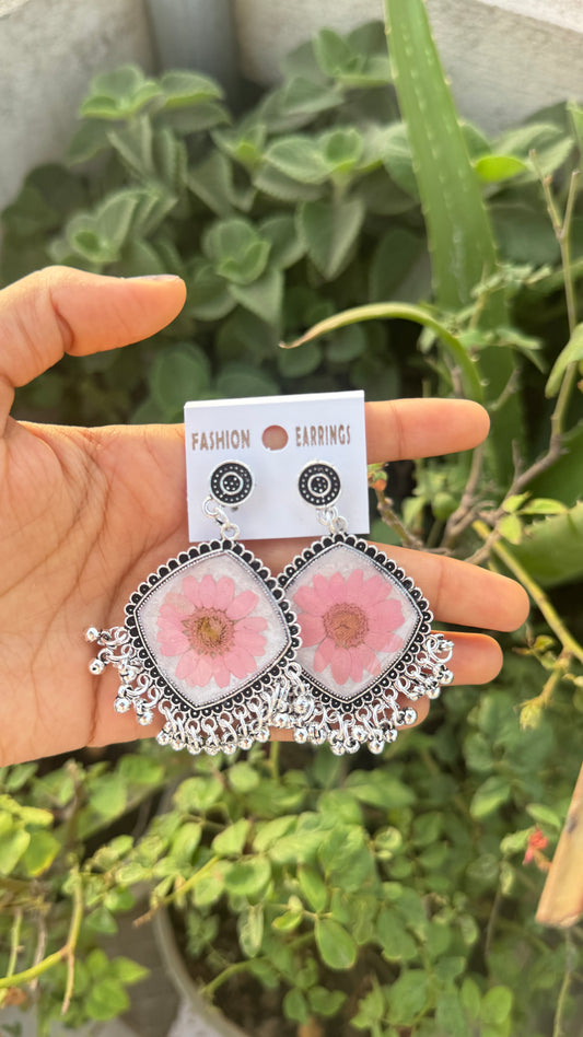 Pink Pressed Flower Oxidised Boho Dangle Earrings | Handmade Resin Jewellery