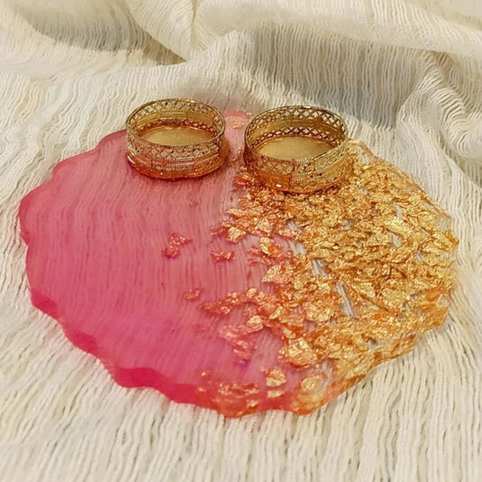 Pink Resin Ring Platter with Golden Foil Detailing | Wedding & Engagement Ring Tray