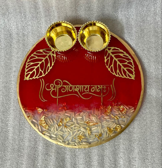 Red Resin Pooja Platter with Golden Bowls & Shree Ganeshay Namah Design | Wedding & Festival Tray