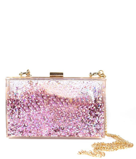 Pink Glitter Resin Clutch Bag | Transparent Party Purse with Gold Chain