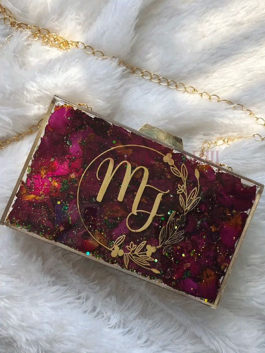 Personalized Resin Clutch Bag with Monogram | Handmade Floral Glitter Purse