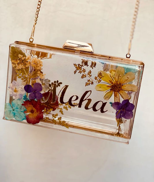 Custom Name Resin Clutch Bag | Handmade Floral Transparent Purse with Gold Chain