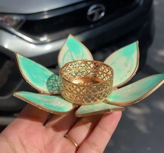 Pack-2 Lotus Shape Green Resin Diya Holder with Golden Tealight Stand