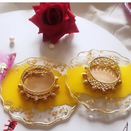 Pack-2 Yellow Resin Diya Holder with Golden Tealight Stand