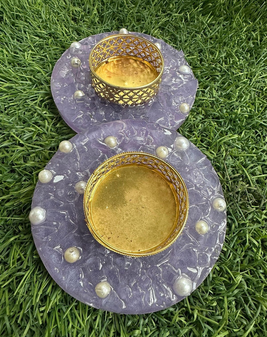 Pack-2 Purple Resin Diya Holder with Pearl Accents and Golden Tealight Stand