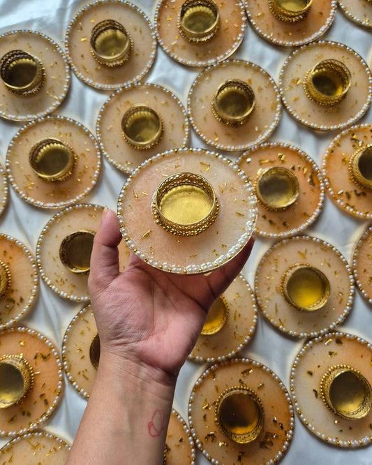 Pack-2 Golden Pearl Rim Resin Diya Holder – Round Design with Gold Foil Accents