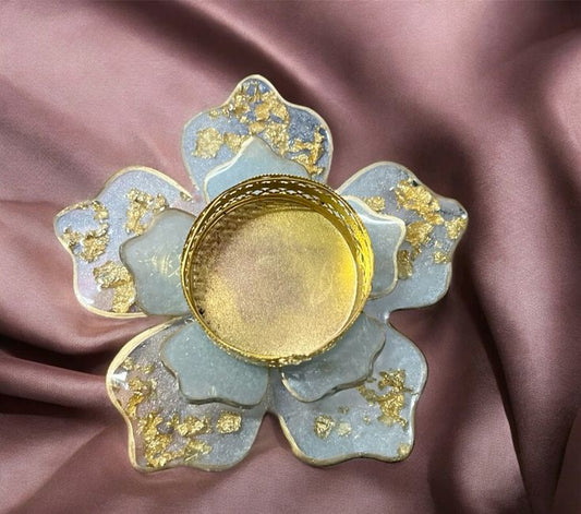 Pack-2 Golden Leaf Embedded Flower-Shaped Resin Diya Holder