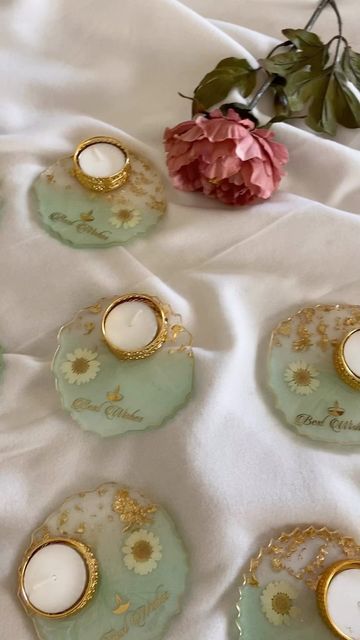 Pack-2 Mint Green Floral Resin Diya Holder with Golden Tealight Stand – “Best Wishes” Design