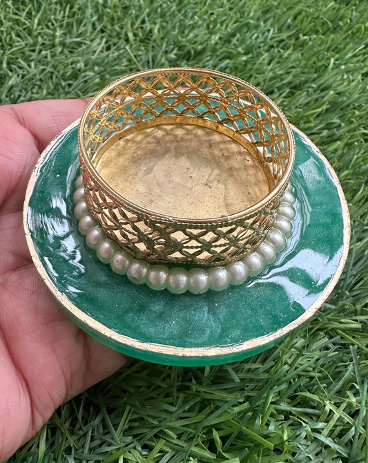 Pack-2 Green Resin Diya Holder with Golden Base & Pearl Embellishments