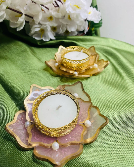 Pack-2 Lotus Resin Diya Holder with Golden Base & Pearl Embellishments