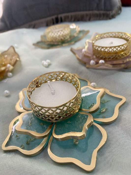 Pack-2 Blue Lotus Resin Diya Holder with Golden Base