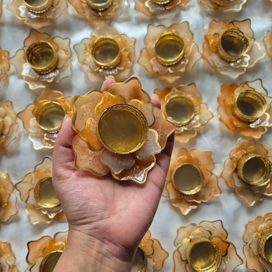 Pack-2 Golden Resin Lotus Diya Holder