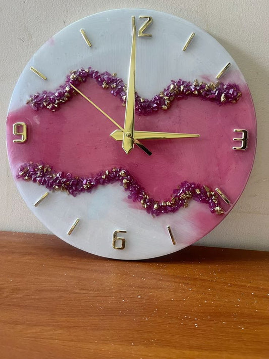 Pink & White Resin Wall Clock – Epoxy Crystal Accent Timepiece