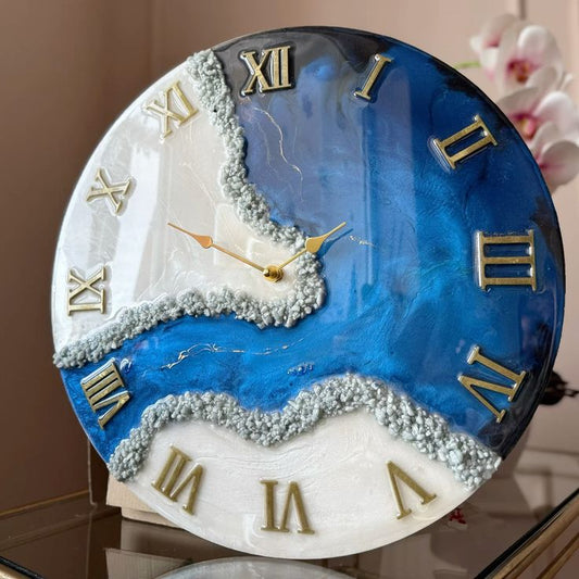Luxury Blue & White Resin Wall Clock – Handmade Epoxy Art Timepiece