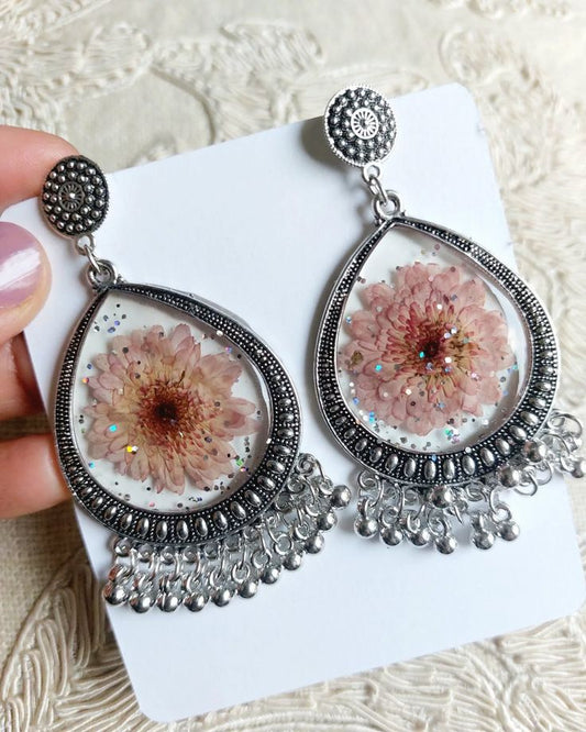 Pink Resin Earrings with Flowers | Ethnic Floral Statement Jewelry