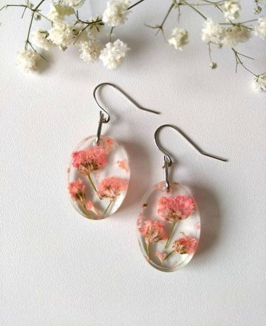 Pink Resin Earrings with Real Flowers | Oval Drop Floral Jewelry