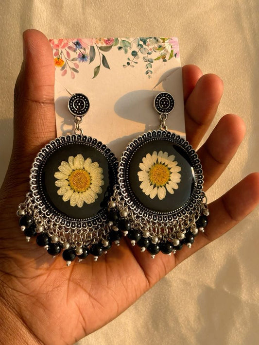 Black Resin Earrings with Real Daisy Flowers | Ethnic Statement Jewelry