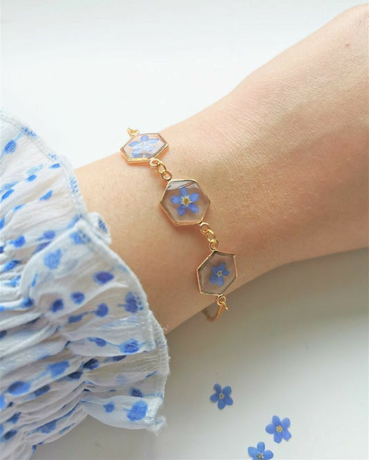Hexagon Resin Bracelet with Real Blue Flowers – Handmade Floral Jewelry