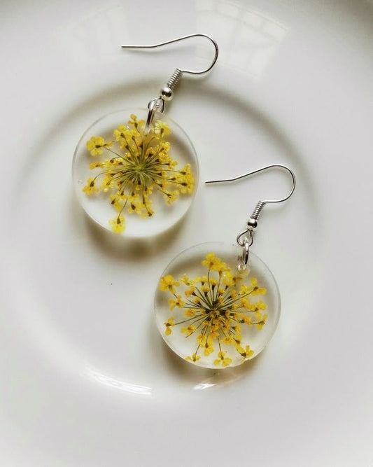 Yellow Floral Resin Earrings | Real Flower Round Dangle Jewelry