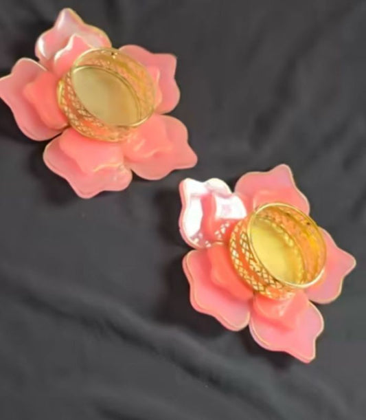 Pack-2 Pink Lotus Resin Diya Holder with Golden Base