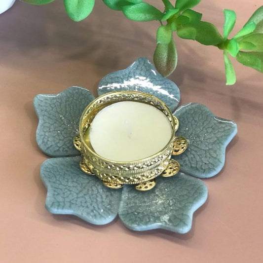 pack-2 Blue Lotus-Shaped Resin Diya Holder with Tealight Candle Stand
