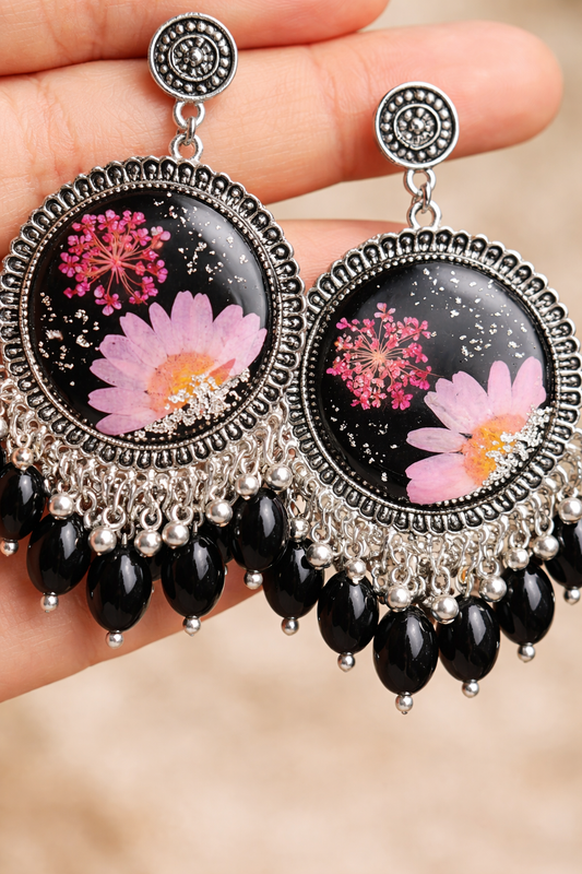Real Flower Resin Chandbali Earrings – Black & Silver