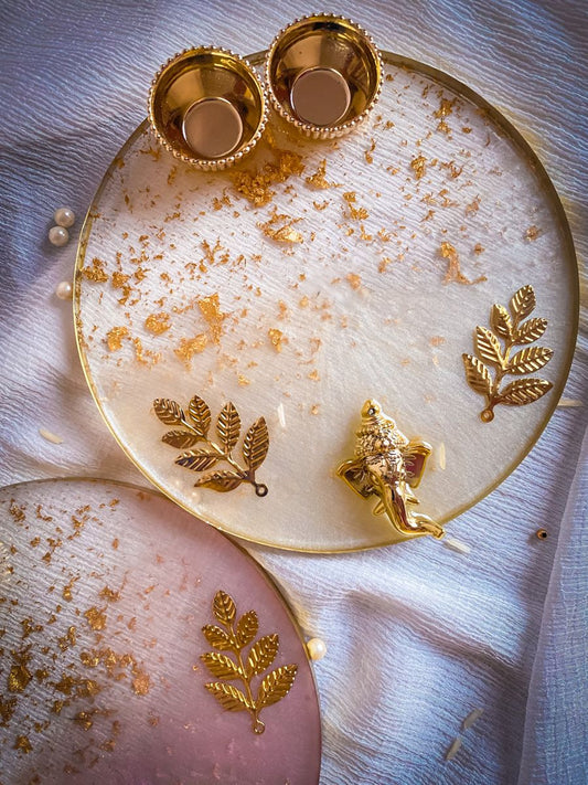 White Resin Pooja Platter with Golden Bowls & Ganesha Idol | Wedding & Festival Tray