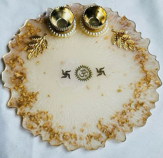 White Resin Pooja Platter with Om Symbol, Swastik & Golden Bowls