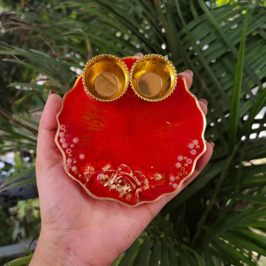 Red Resin Pooja Platter with Golden Bowls & Pearl Embellishments