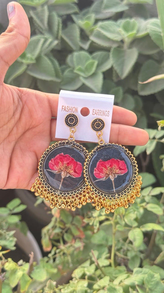 Red Pressed Flower Gold Boho Statement Earrings