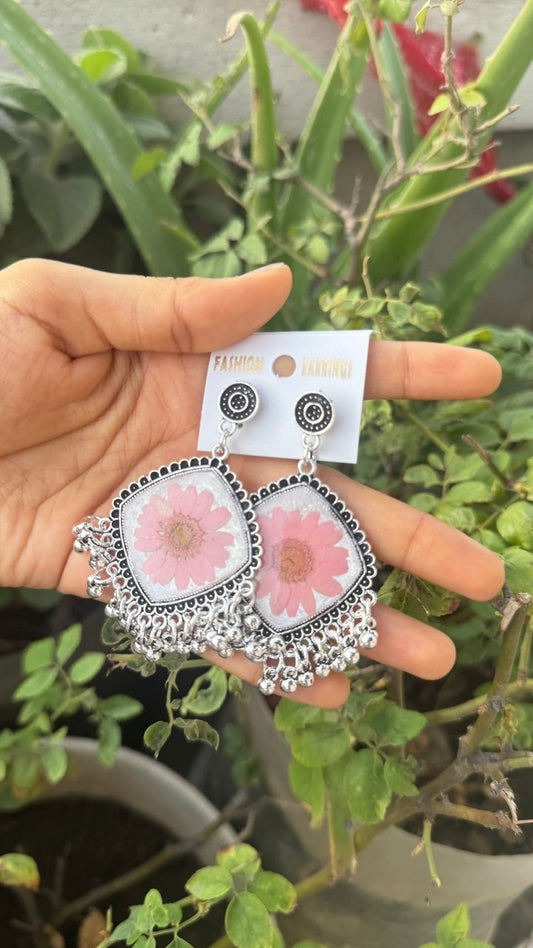 Pink Pressed Flower Oxidised Boho Dangle Earrings | Handmade Resin Jewellery