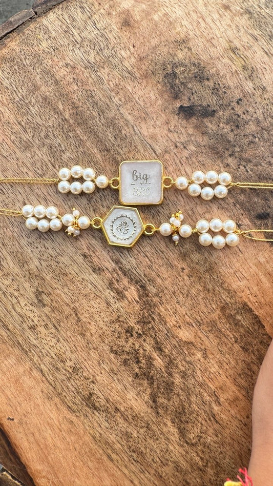 Personalized Pearl Rakhi Set with Big Bro & Ganesha Charm