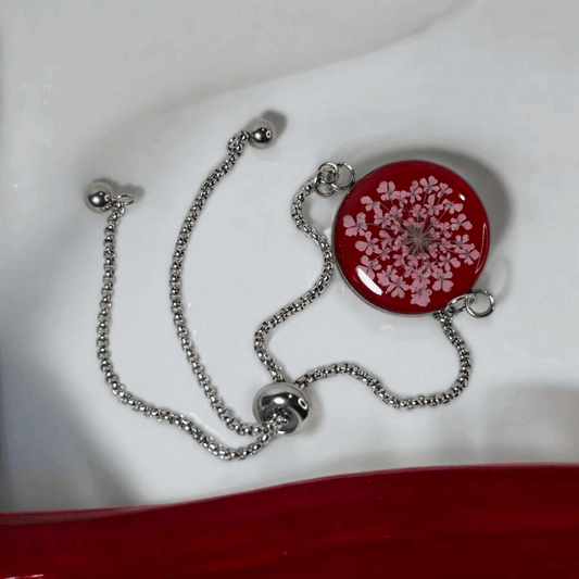 Real Pink Bloom Resin Bracelet – Red Round Pendant