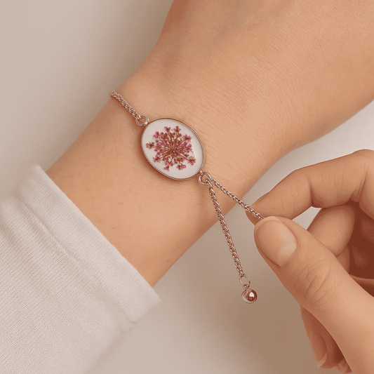 Real Pink Blossom Resin Bracelet – Oval Silver Charm
