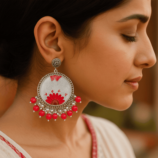 Ethnic Red Flower Statement Earrings – Handmade Resin Design