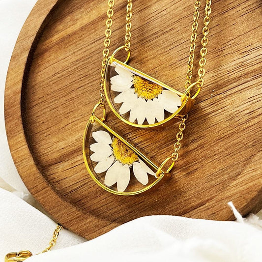 Gold Half-Moon Pressed Daisy Resin Necklace (Crescent Pendant)  :