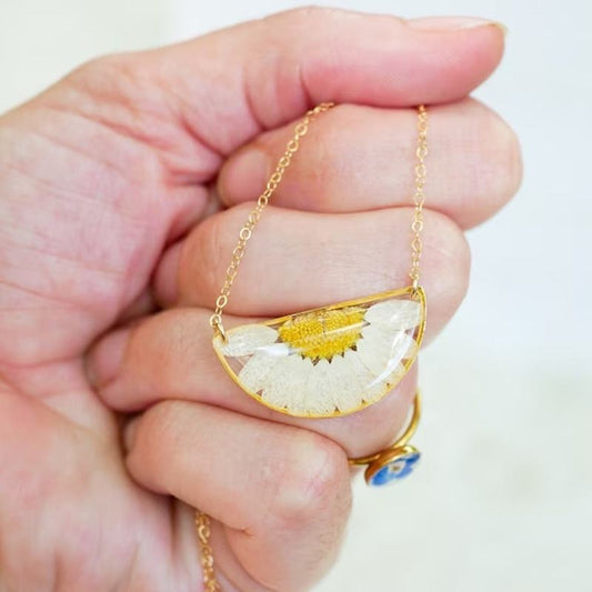 Gold Half-Moon Pressed Daisy Resin Necklace (Crescent Pendant)  :