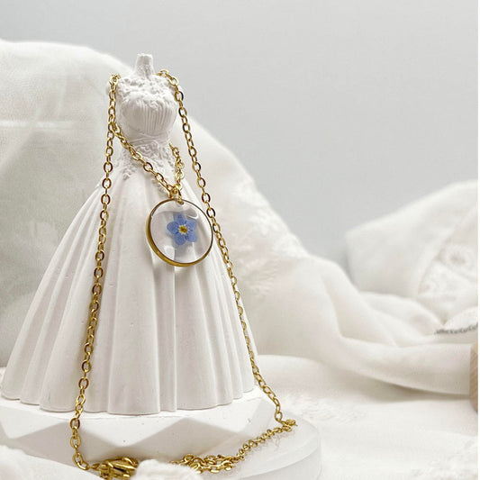 Gold Forget-Me-Not Resin Pendant Necklace (Round Floral Charm)