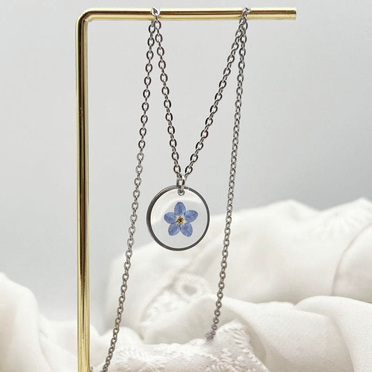 Silver Forget-Me-Not Resin Pendant Necklace (Round Floral Charm)