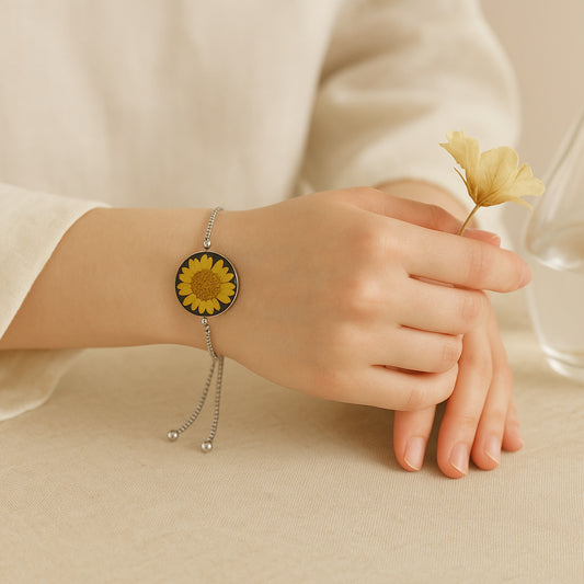 Real Sunflower Resin Bracelet – Adjustable Silver Chain