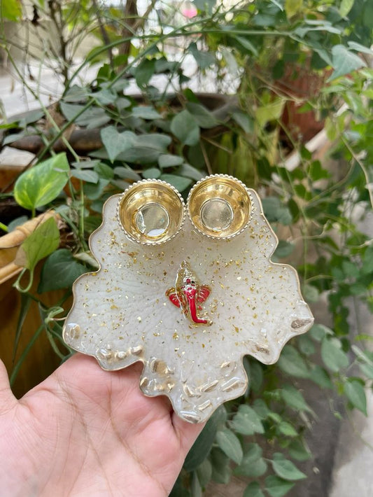 White Resin Pooja Platter with Golden Bowls & Red Ganesha Idol